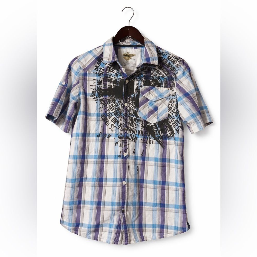 Epic Threads Plaid Graphic Button Front Shirt Blue Purple Short Sleeve Boys XL
